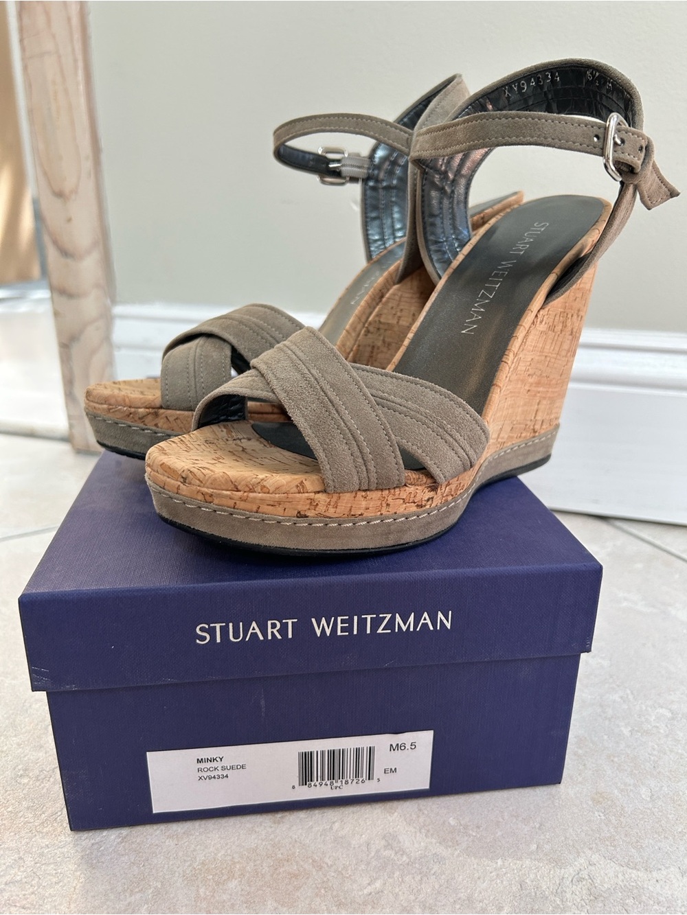 Stuart Weitzman Minky Rock Suede Cork Wedge Sandals Size 6.5 - Picture 8 of 9